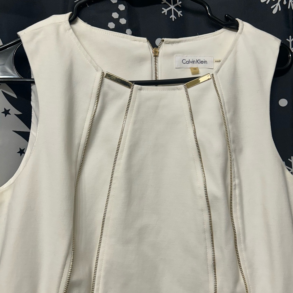 Calvin Klein Ivory Dress with Gold Zipper Accents